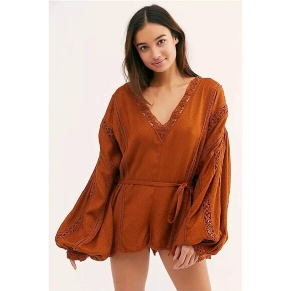 FREE PEOPLE Intimately I Mean It Crochet Knit Romper Burnt Copper - Picture 3 of 12